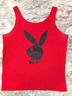 Vintage PLAYBOY Red Ribbed Tank with Black Bunny Graphic